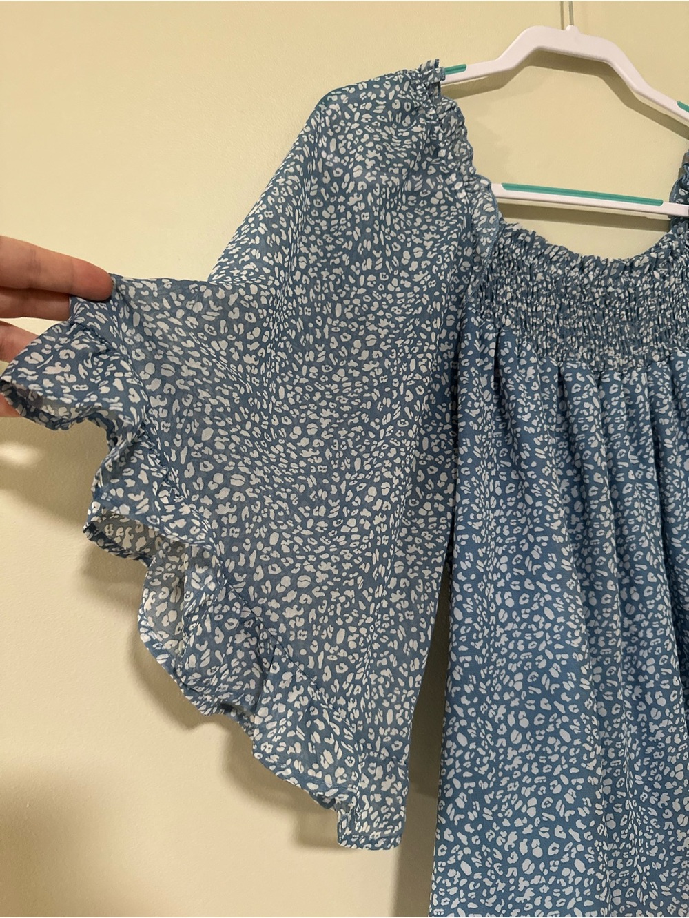 L Love Blue Printed Smocked-Neck Flutter Sleeve Blouse - Picture 2 of 7